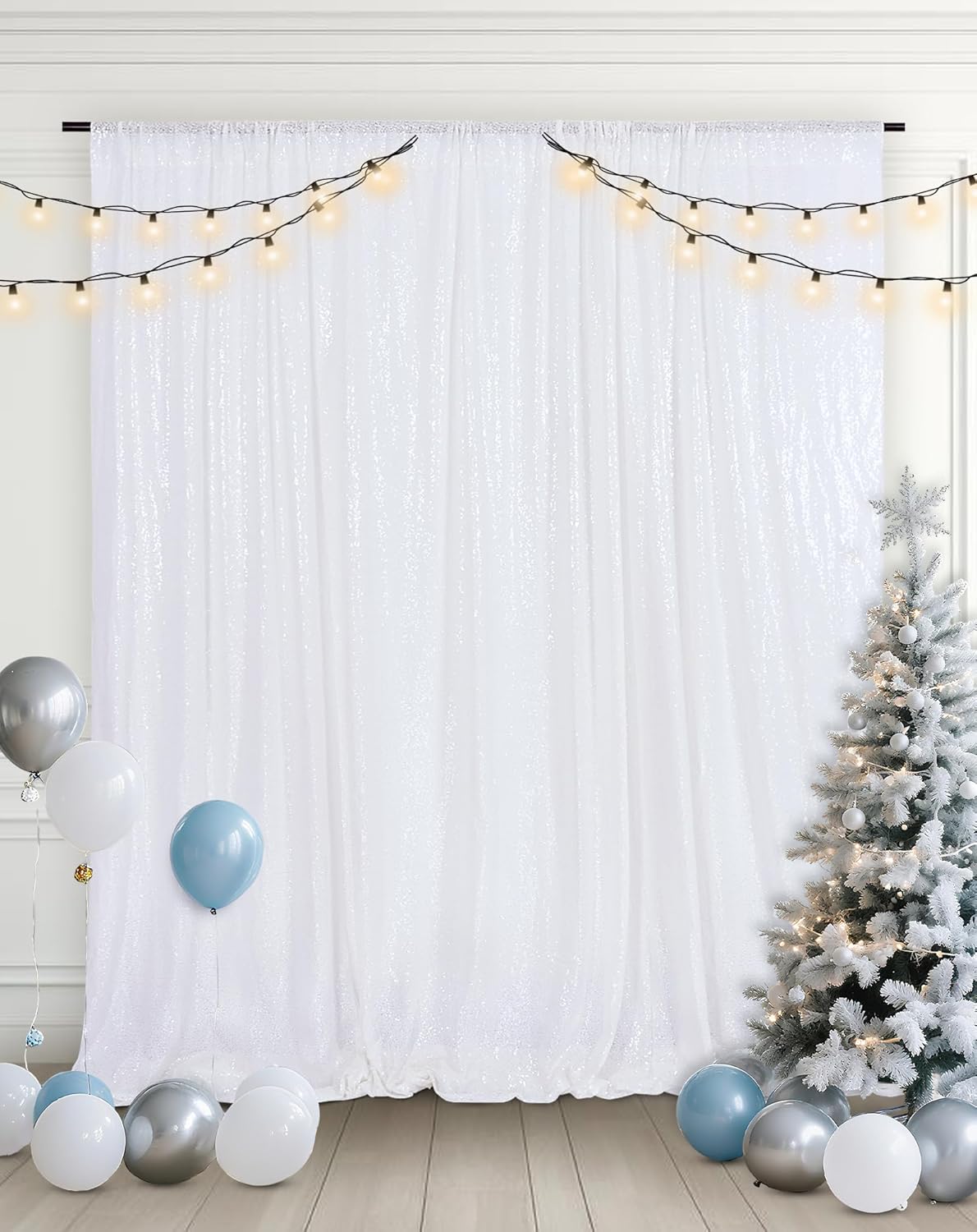 Eternal Beauty White Sequin Backdrop, 6x8 Ft Glitter Background Curtains for Christmas Shimmer