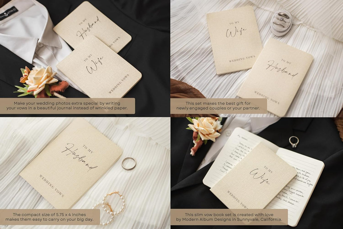 Slim Vow Books (Set of 2 - Design 2) - Soft Cream Canvas Linen Textured Cover Wedding Vow Booklets