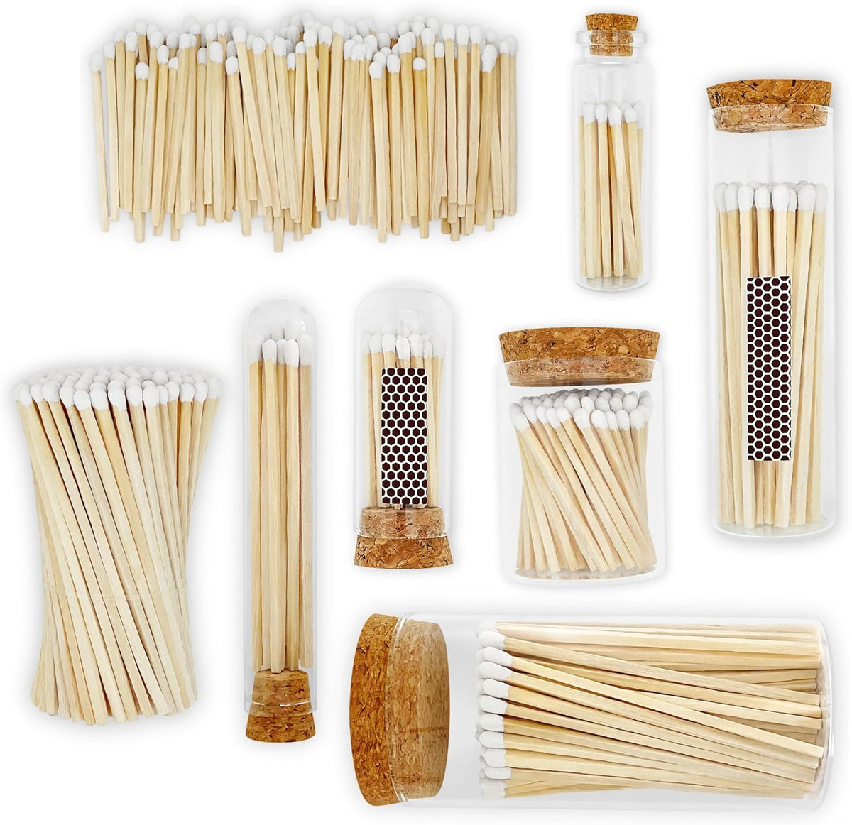 2" White Tip Matches with 3 Mini Cloche Jar + Striker Stickers Included | 100 Classic White