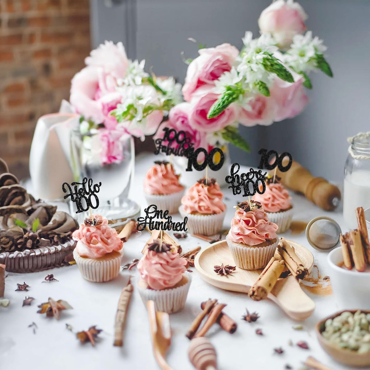 30pcs Happy 100th Birthday Cupcake Toppers - Black Glitter One Hundred Cheers to 100 Years Old