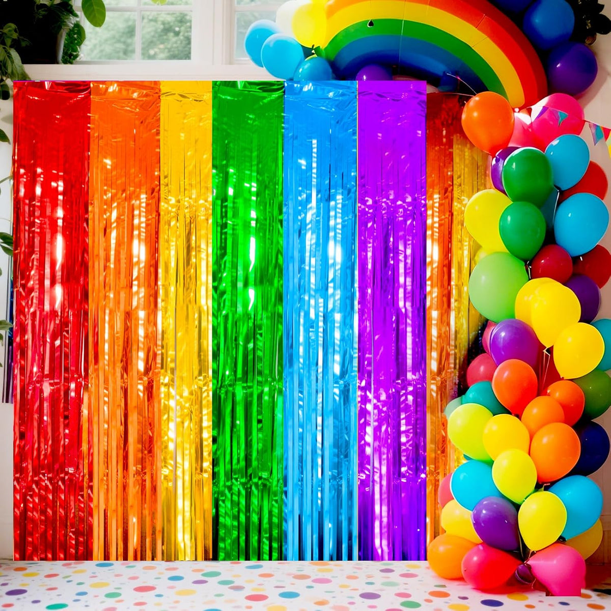 4 Packs Rainbow Foil Fringe Curtain, Assorted Color Metallic Tinsel Backdrop for Birthday, Baby