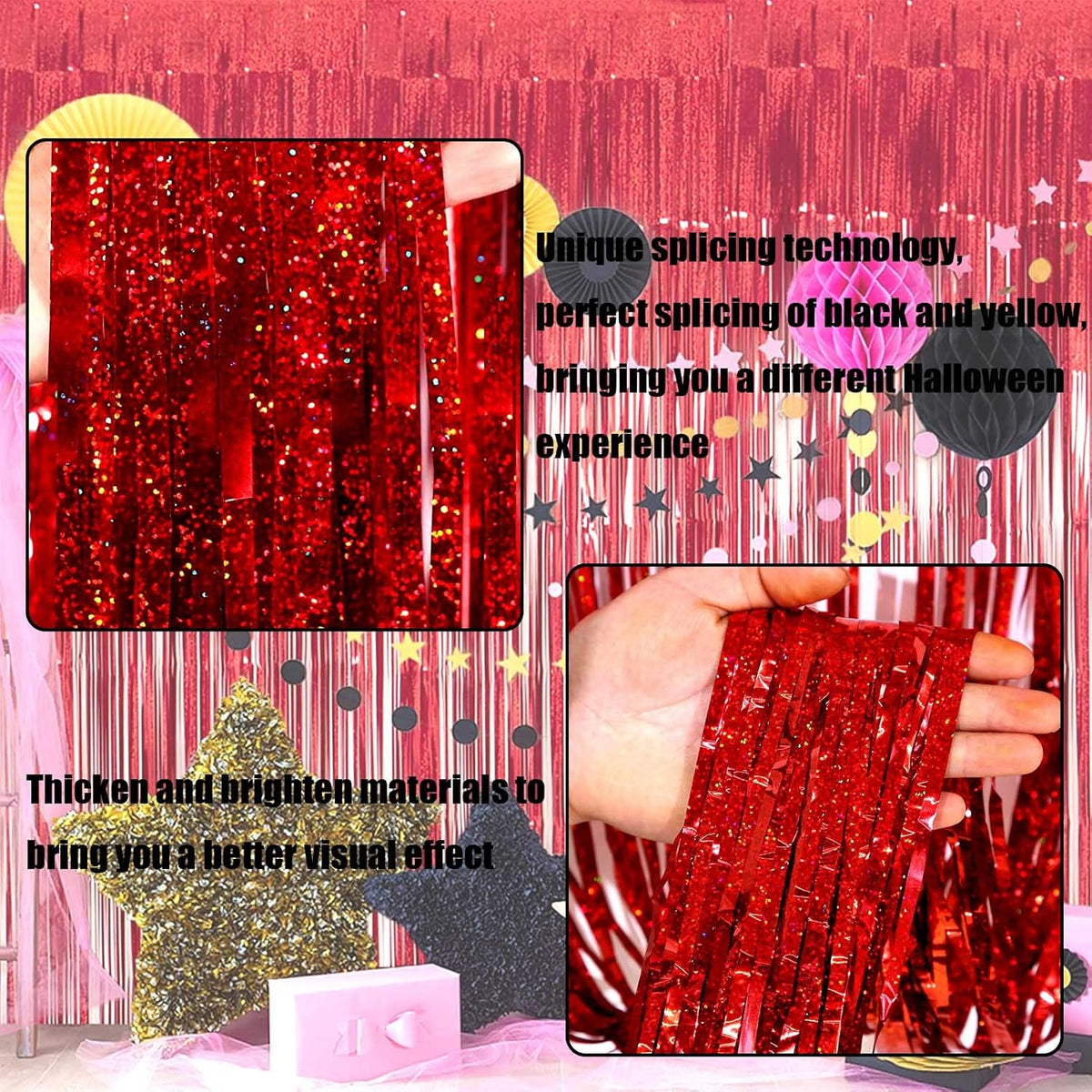 4 Pack Red Tinsel Foil Fringe Curtain Backdrop, 3.28Ft x 8.2Ft Metallic Streamers for Photo Booth