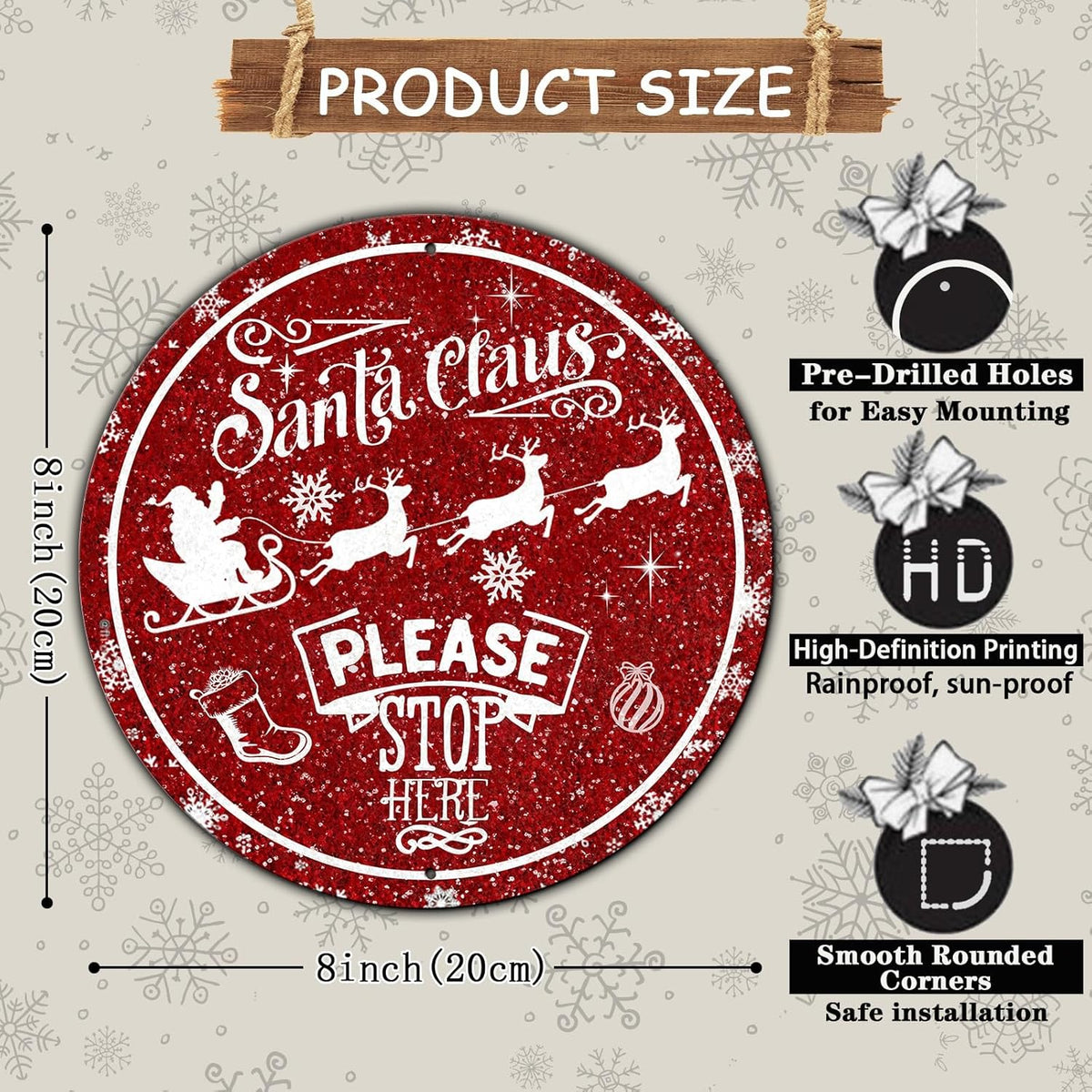 Round Metal Tin Sign - Santa Sleigh Reindeer Vintage Sign - Santa Claus Please Stop Here Sign for