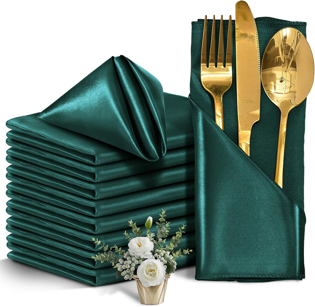 50 Pieces Forest Green Satin Napkins, 17" x 17" Square Table Napkins, Silky Soft Smooth Washable