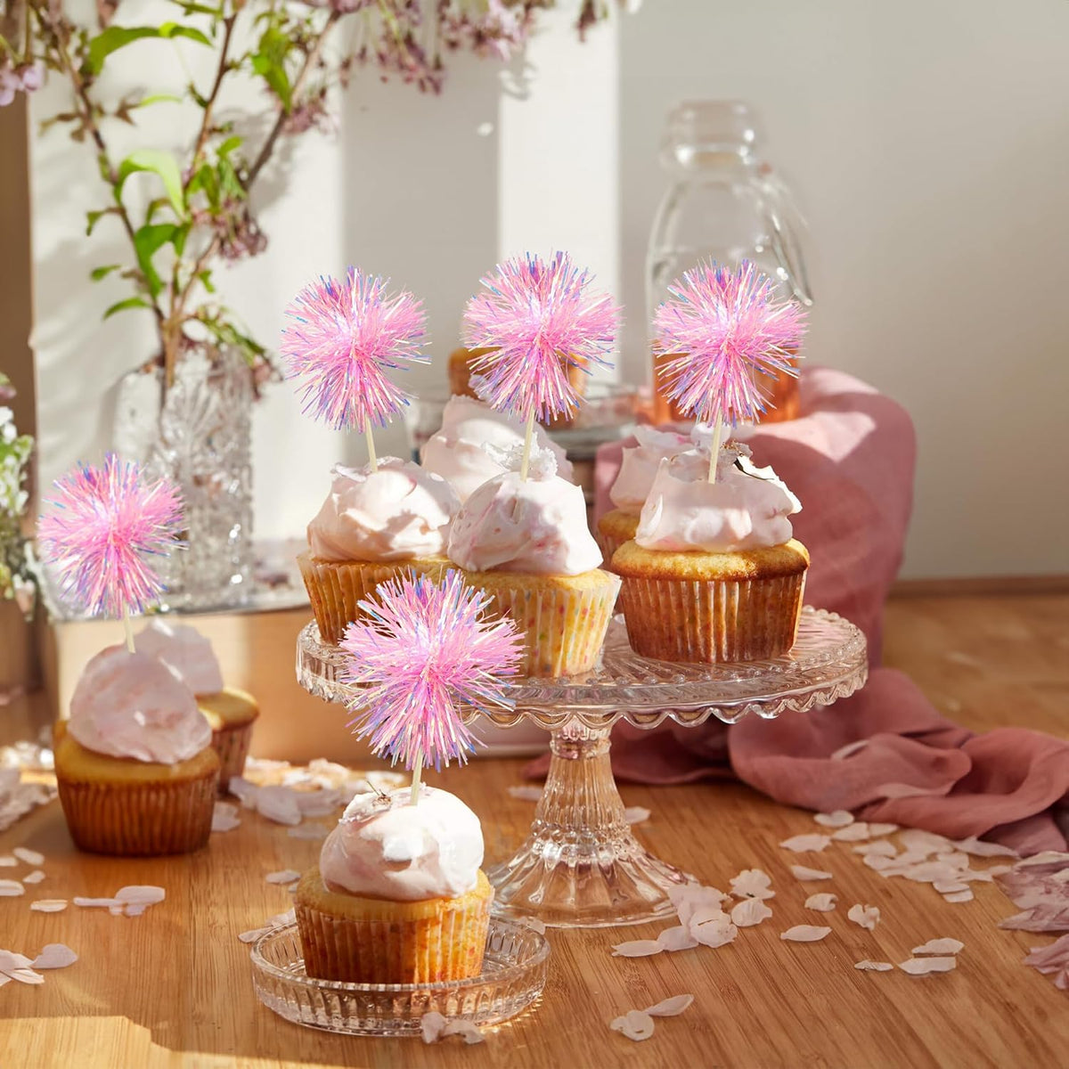 Gyufise 30Pcs Foil Firework Cupcake Toppers Sparkle Tinsel Cake Toppers Tinsel Drink Cake