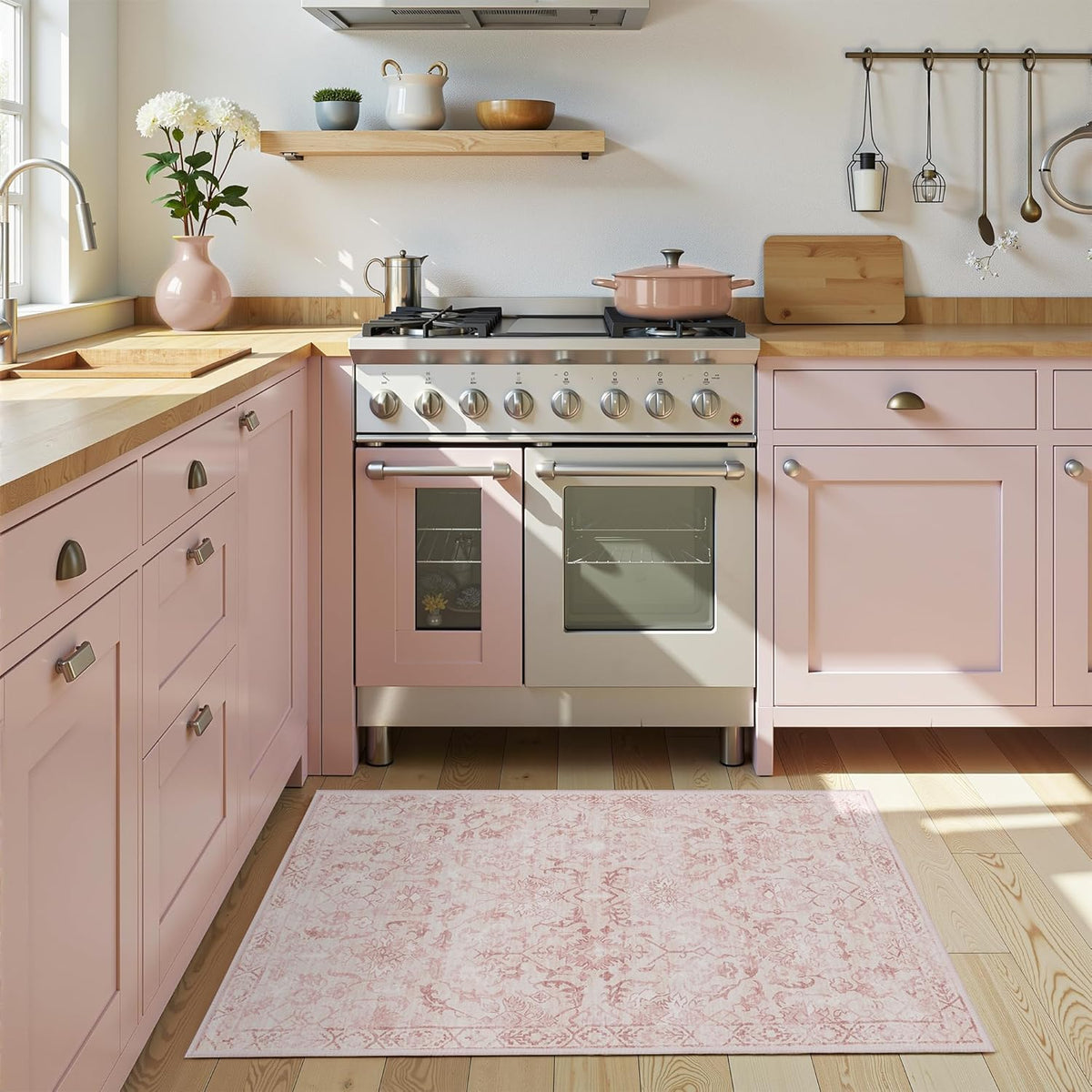 Pink Area Rug 2x3 Entryway Rug for Bedroom Bathroom, Non-Slip Low-Pile Washable Distressed Boho