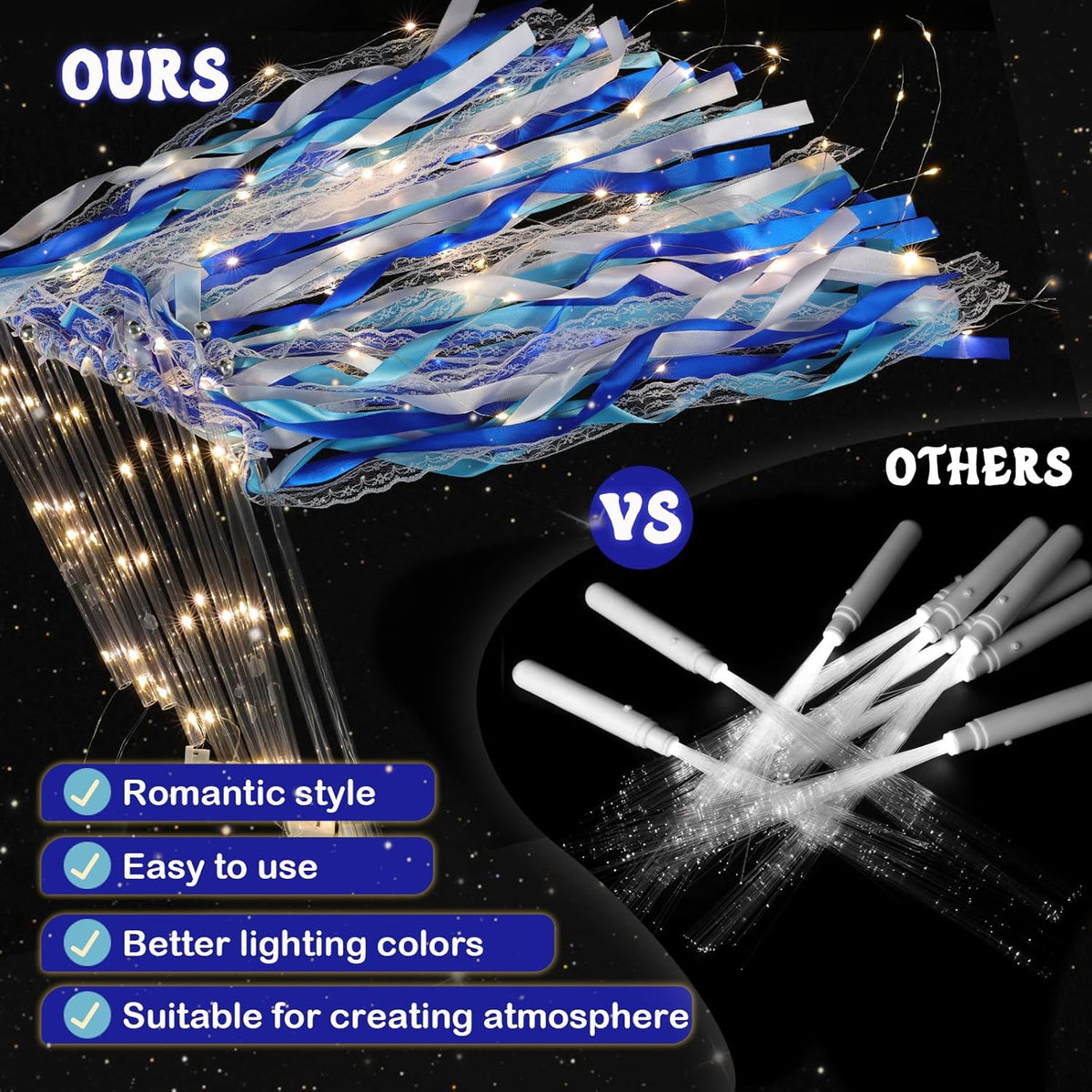 100 Pcs Wedding Wands Ribbon with 3 Colorful Flashing Modes, Light up LED Silk Fairy Wands, Glow