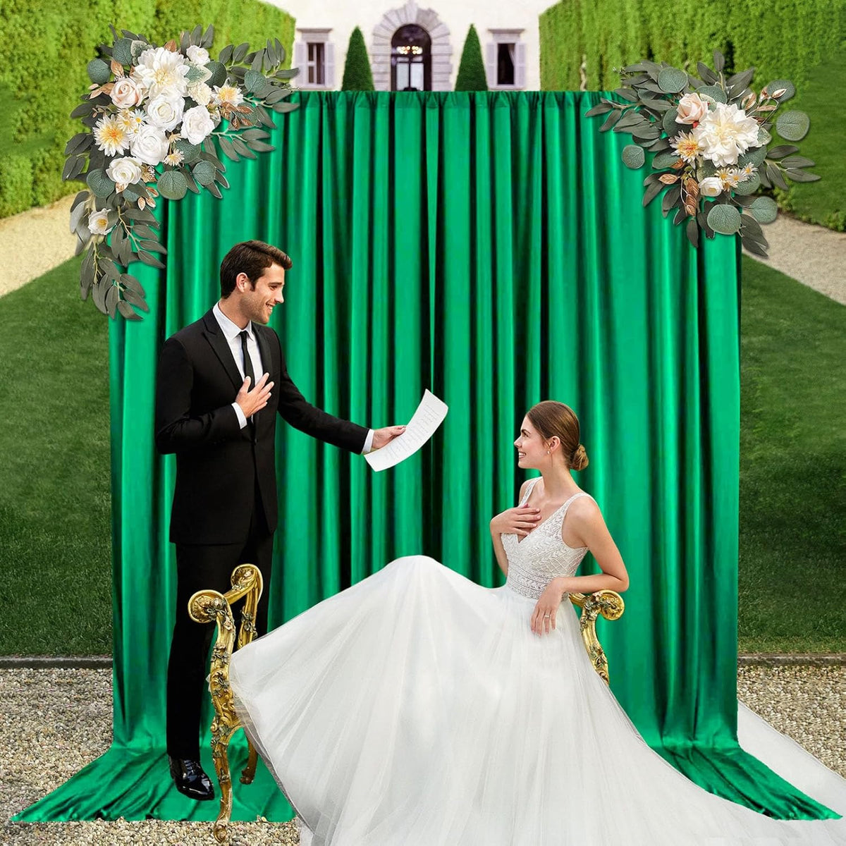 10ft x 10ft Deep Green Backdrop Curtains for Parties, Fabric Satin Background Curtain with Rod