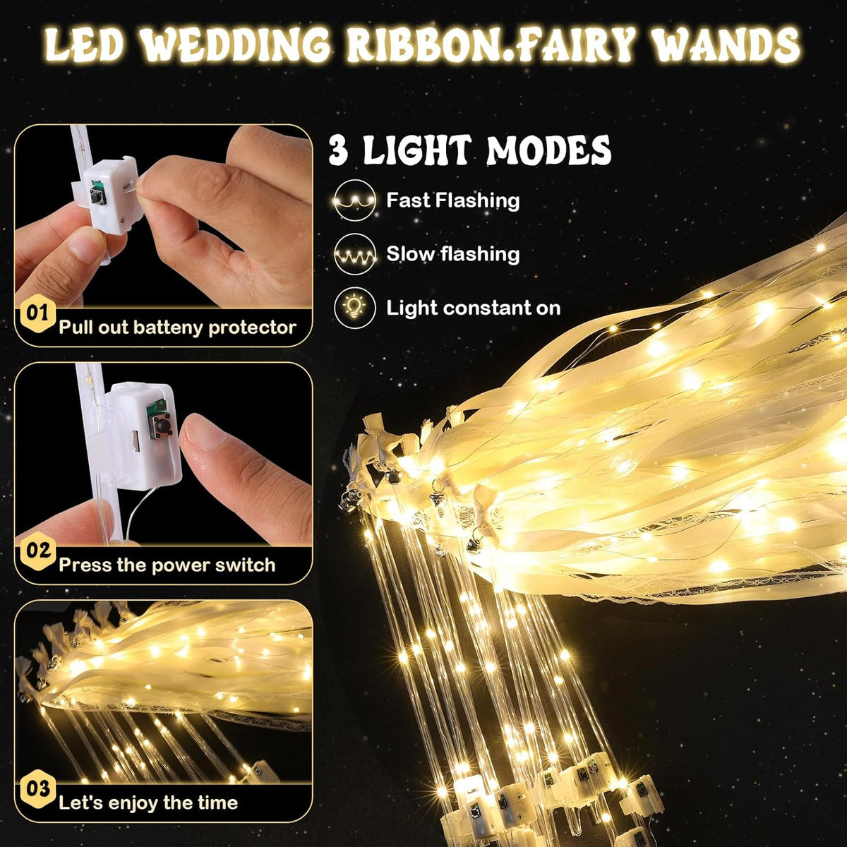 100 Pcs Wedding Wands Ribbon with 3 Colorful Flashing Modes, Light up LED Silk Fairy Wands, Glow