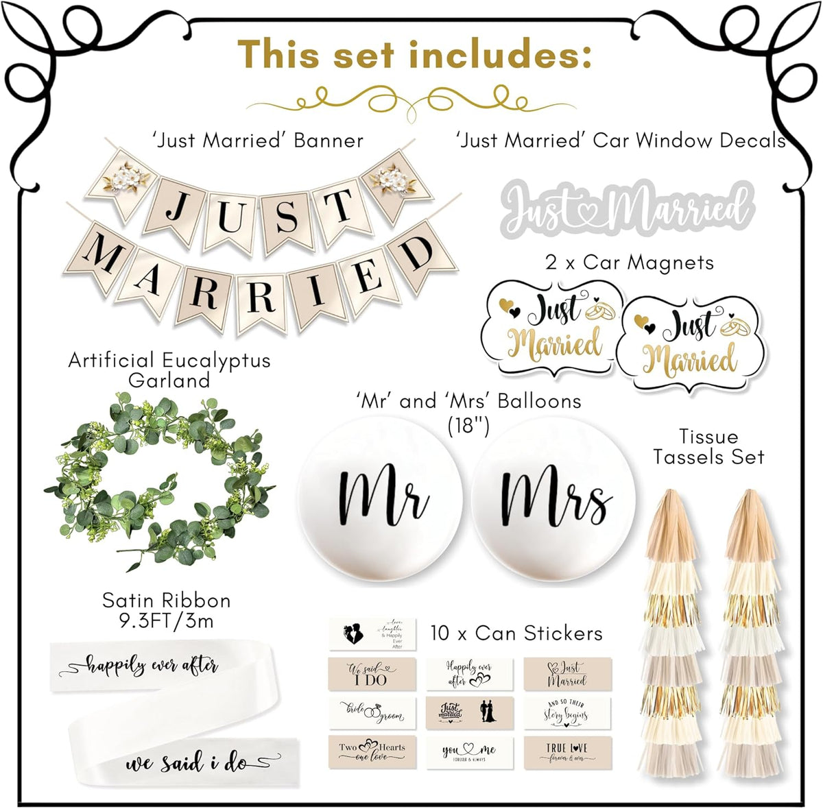 33 Pc Just Married Car Decorations – Wedding Reception & Ceremony Decor – Banners, Stickers &