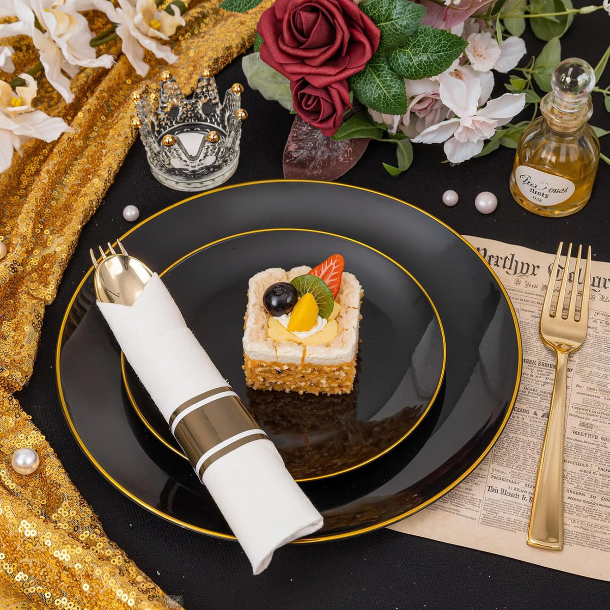 KIRE 175Pcs Black Plates Disposable - Heavy Duty Black and Gold Plastic Plates- 25 for Dinner 25