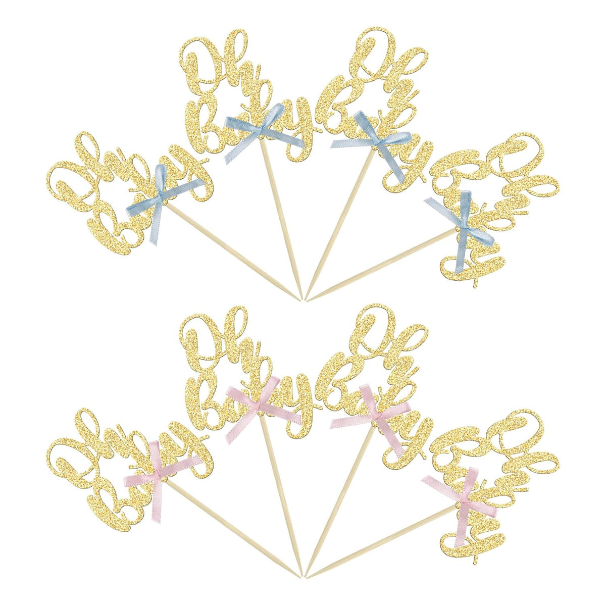 Gyufise 36Pcs Oh Baby Cupcake Toppers with Blue Pink Bowknot Gold Glitter Baby Shower Cupcake Picks