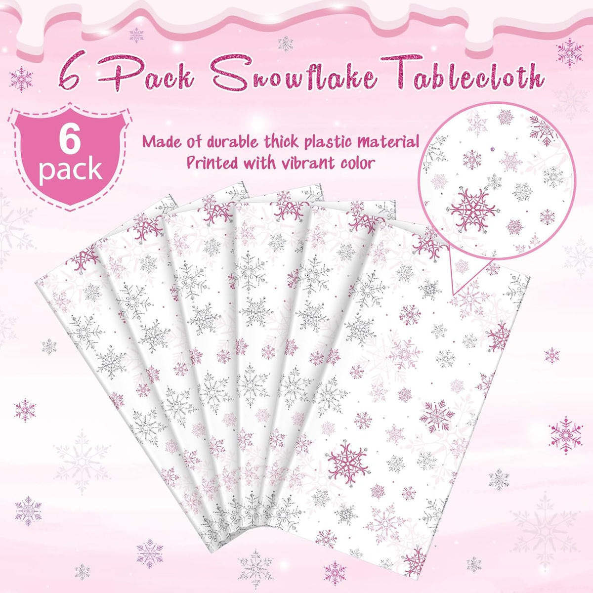6 Pcs Christmas Snowflake Party Tablecloths Decorations,Plastic Pink Winter Onederland Rectangle