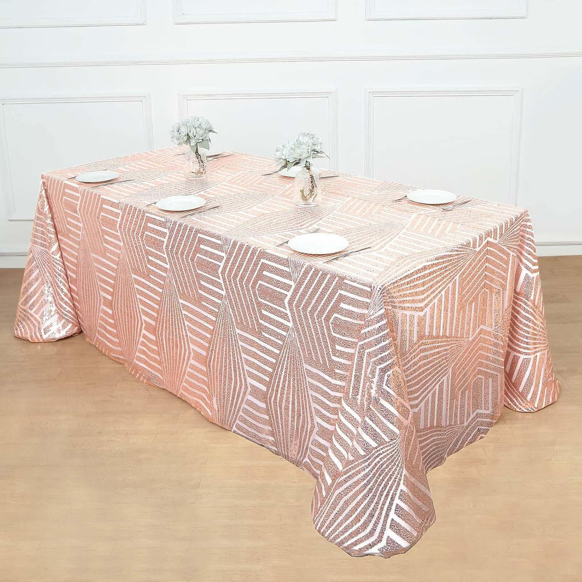 Efavormart 90"X132" Blush Rose Gold Sparkly Sequin Geometric Tulle Rectangular Tablecloth