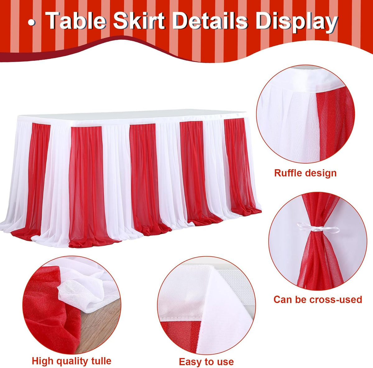 Reb and White Striped Table Skirt for Rectangle Tables or Round Tables for Carnival Circus Party