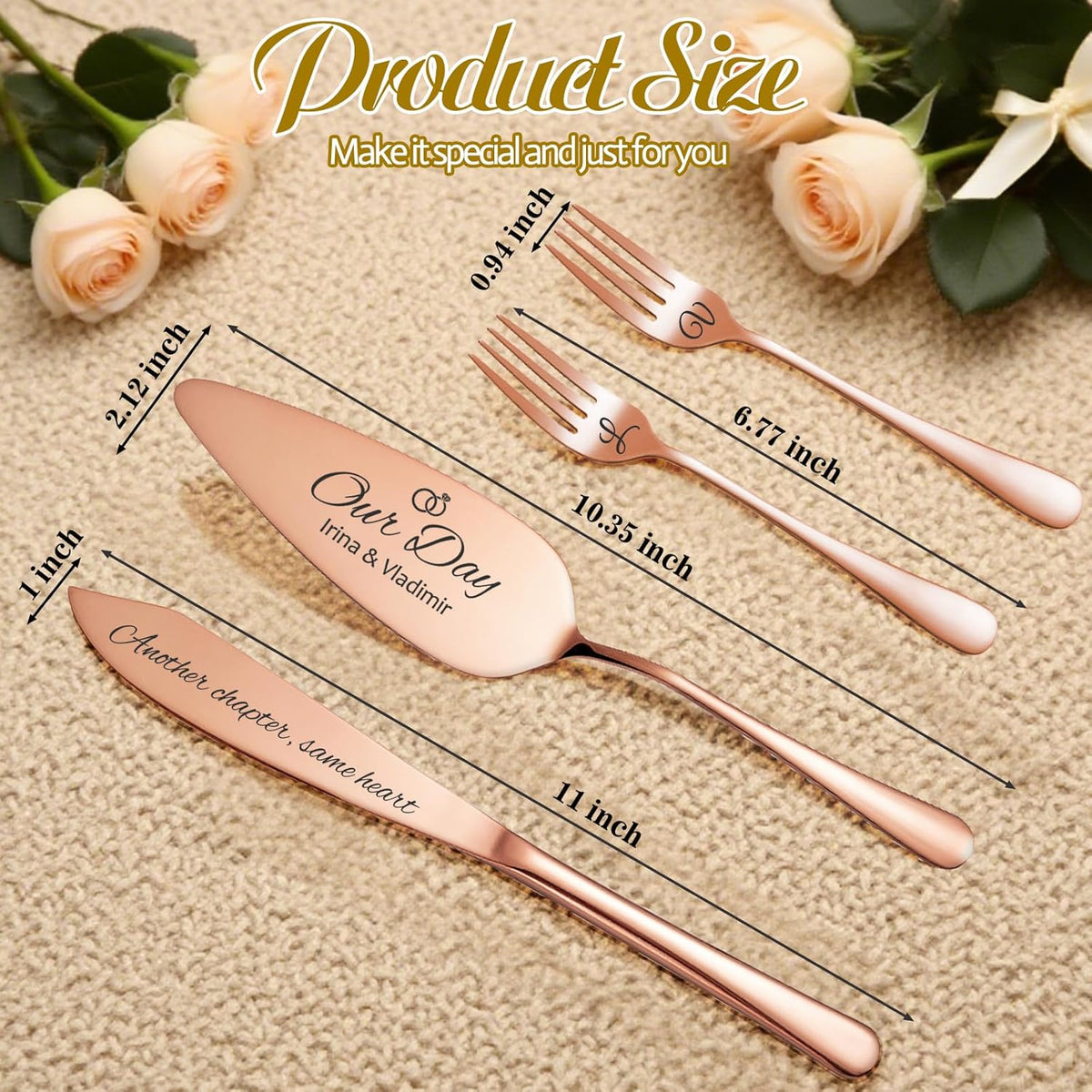 Personalized 4 Piece Wedding Cake Cutting Set, Custom Names Cake Knife and Server set with Forks