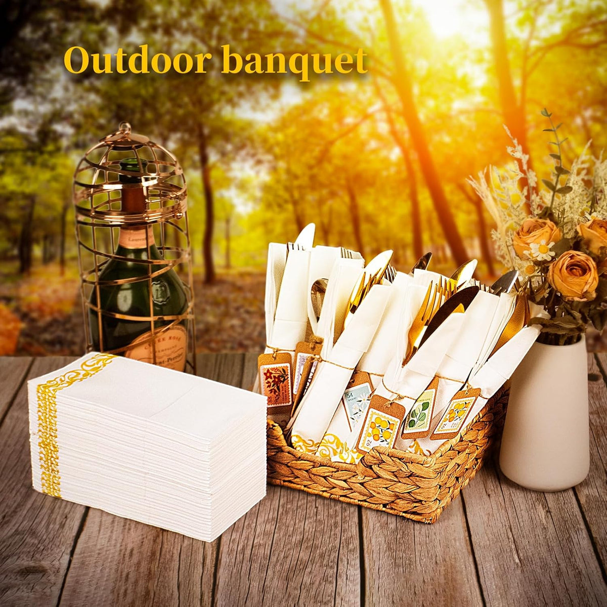 KAMMAK White Dinner Paper Napkins with Pocket Disposable 100 Pack Yellow Trim Linen Feel Wedding