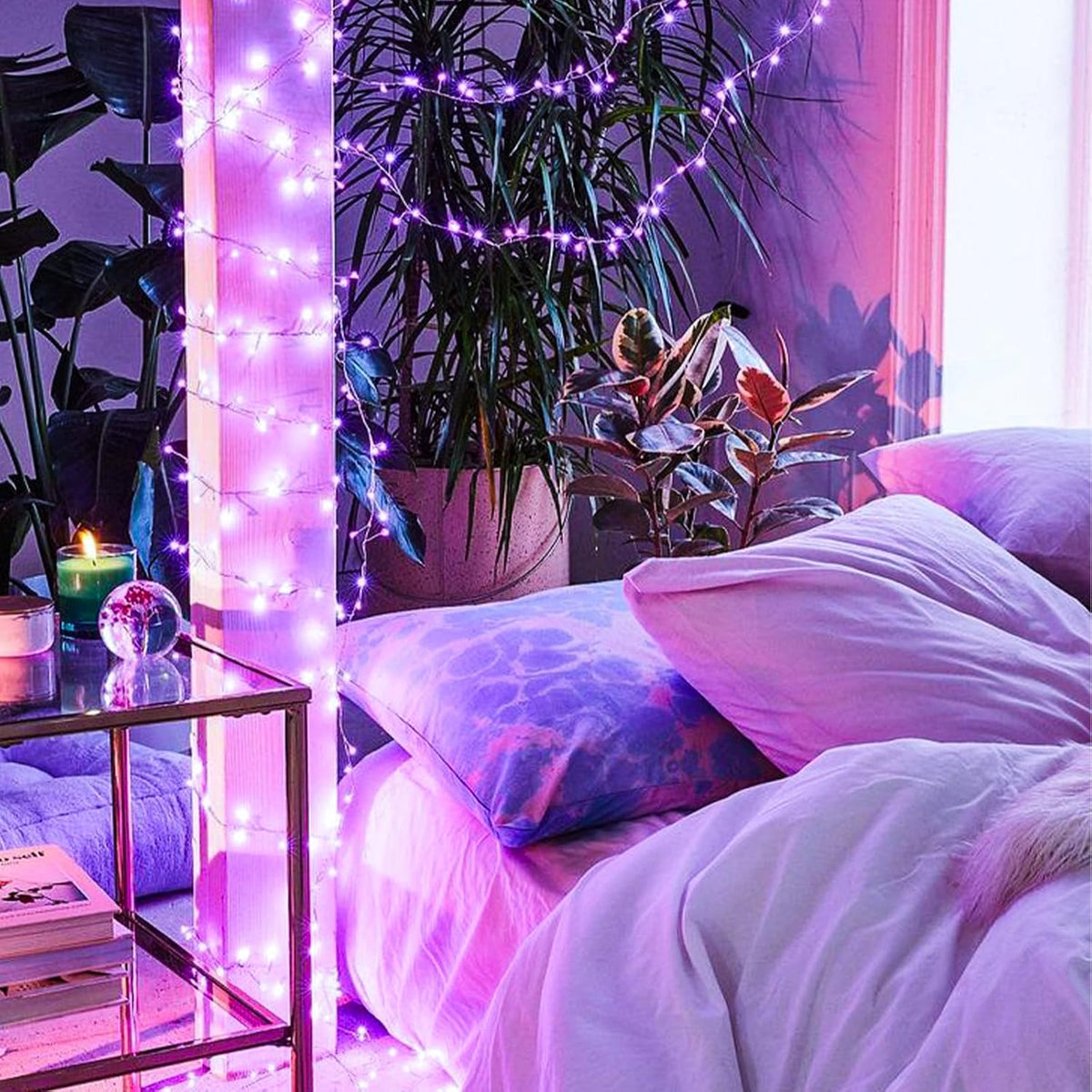 Purple String Lights, 33ft 100 LED 8 Modes Clear Wire Plug in Christmas Easter Tree Decorative