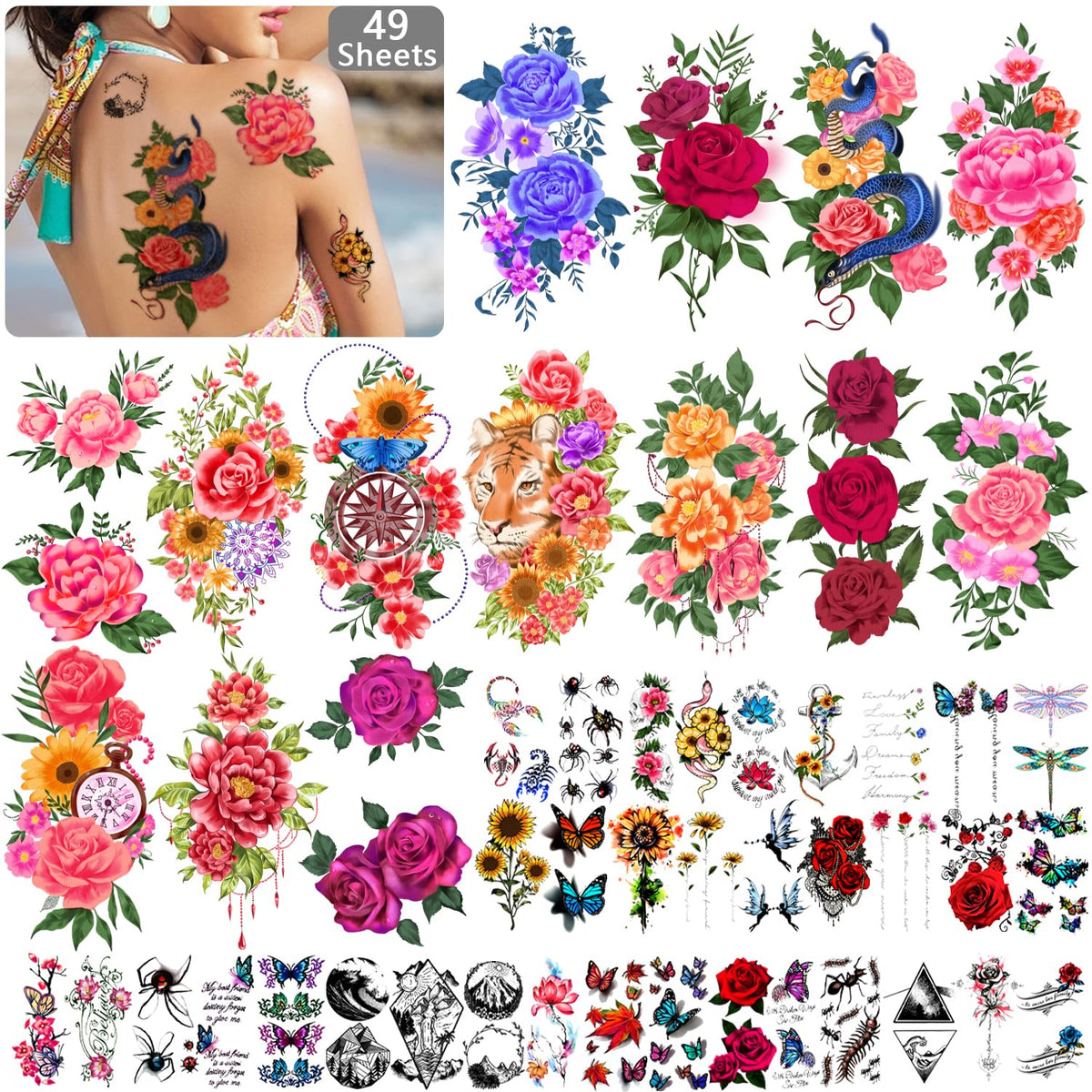 Yazhiji 49 Sheets Temporary Tattoos for Women and Men 3D Extra Large Waterproof Sexy Flowers Fake