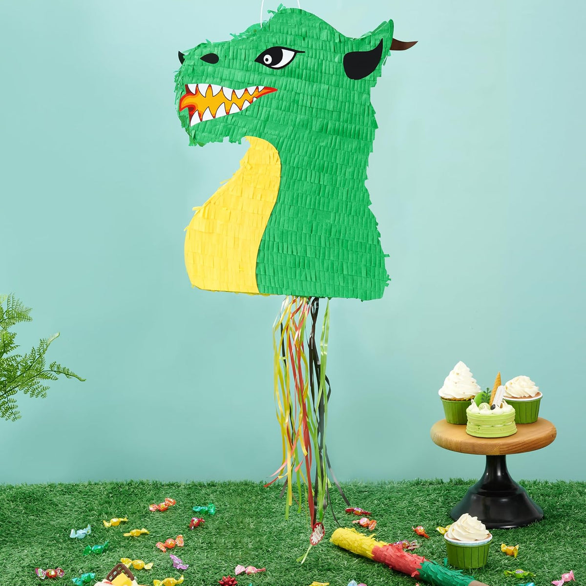 WERNNSAI Foldable Dragon Piñata - Dinosaur Birthday Party Supplies Dino Extendable Piñata Bundle