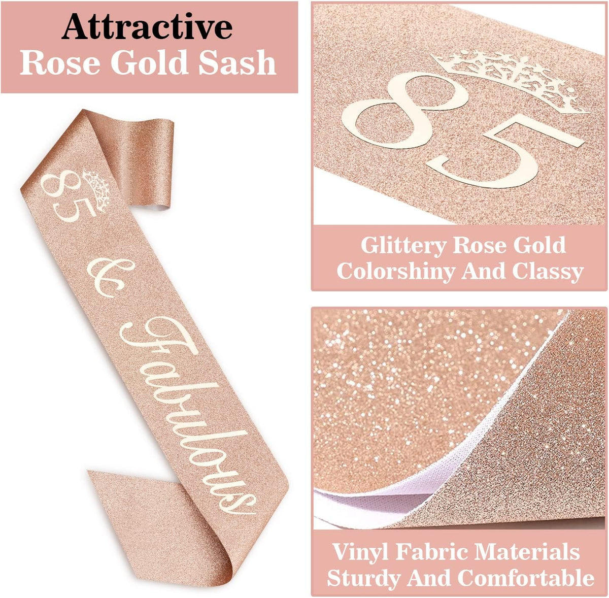 85th Birthday Party Decorations Including Sash, Crown, Numeral Candles and Cake Topper, Rose Gold