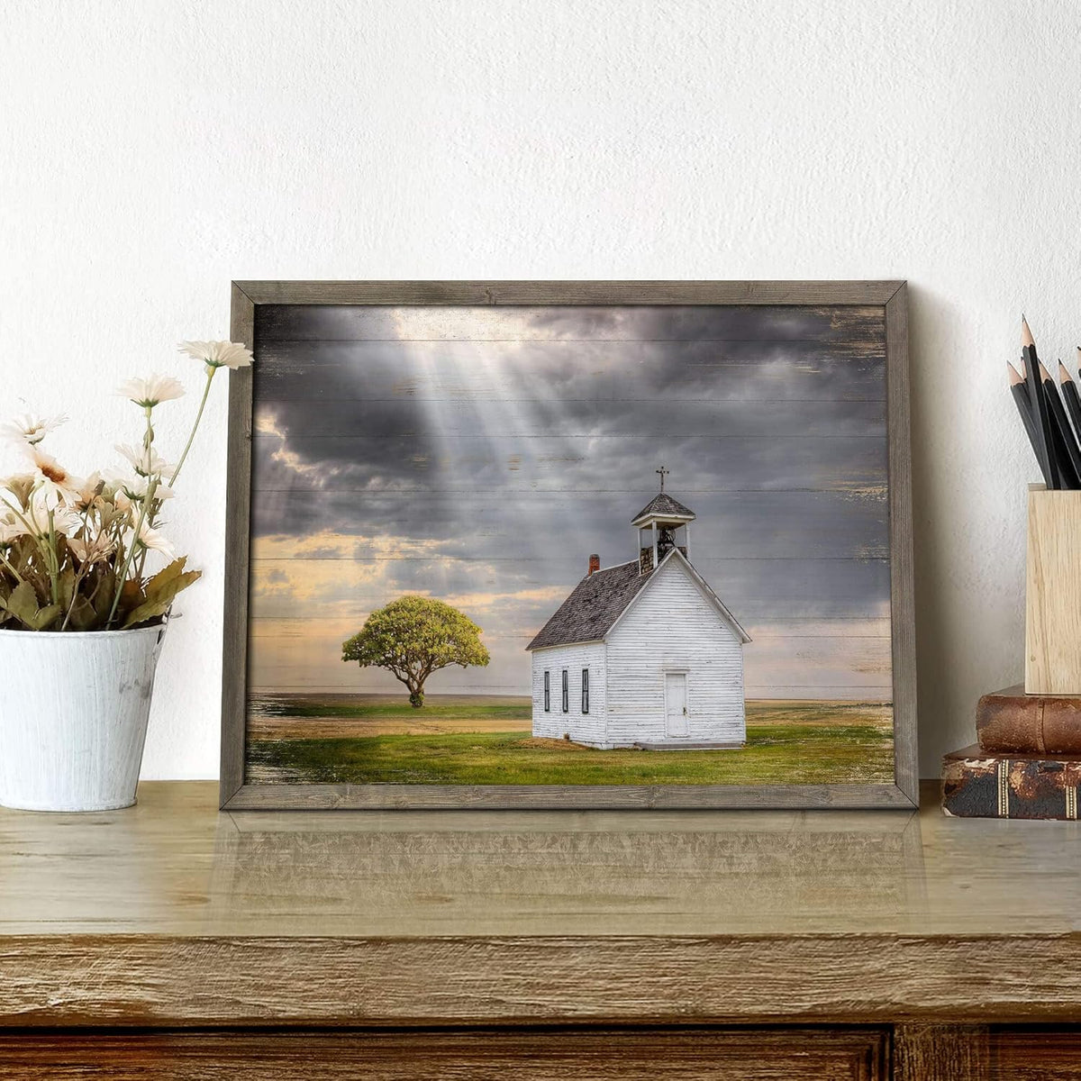 Beautiful Scene Wooden Art Framed: Little House under the Sun Wood Artwork Painting with Framed for