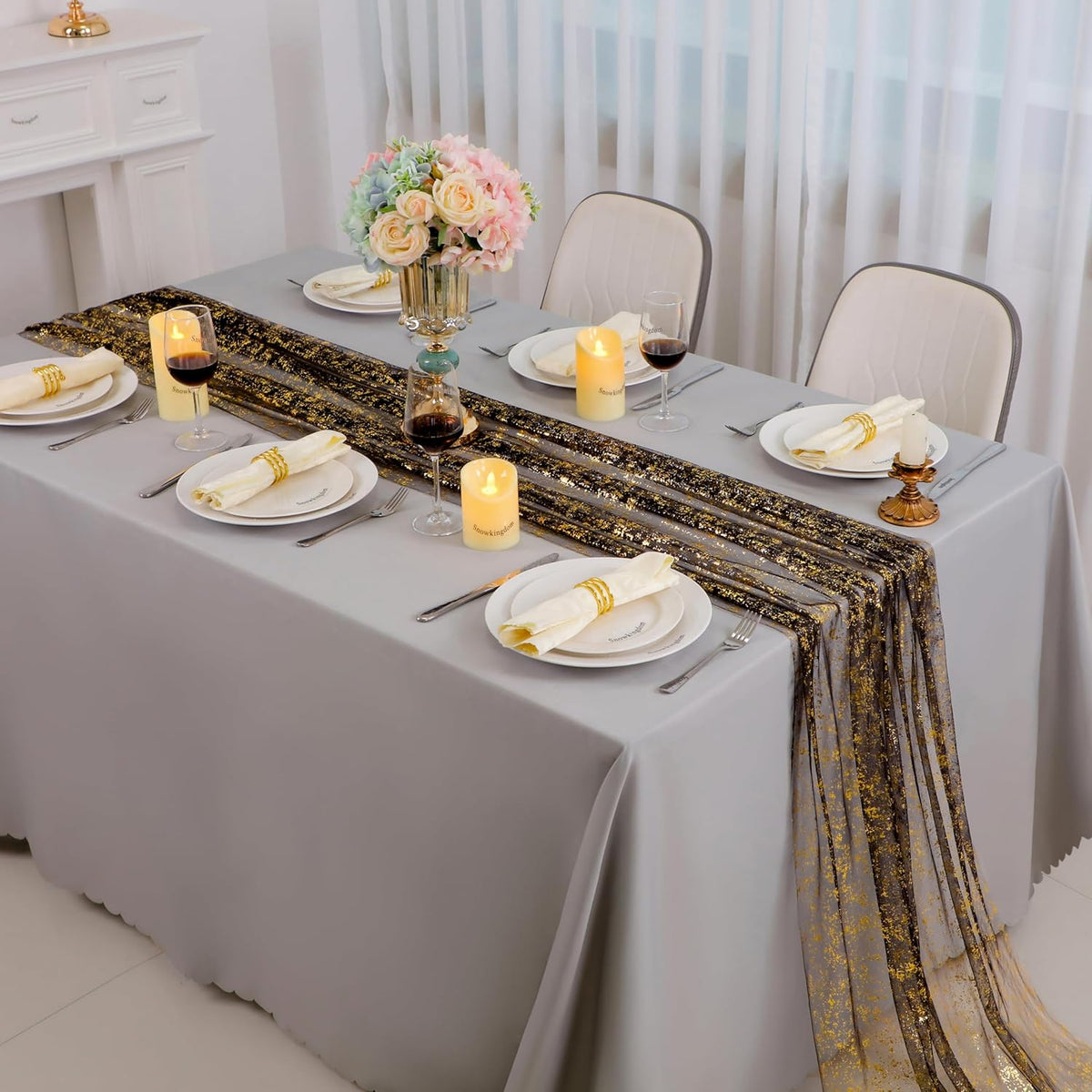 Snowkingdom 10 Pcs Black & Gold Cheesecloth Table Runner 10 FT, Sheer Chiffon Sparkle Gauze Mesh