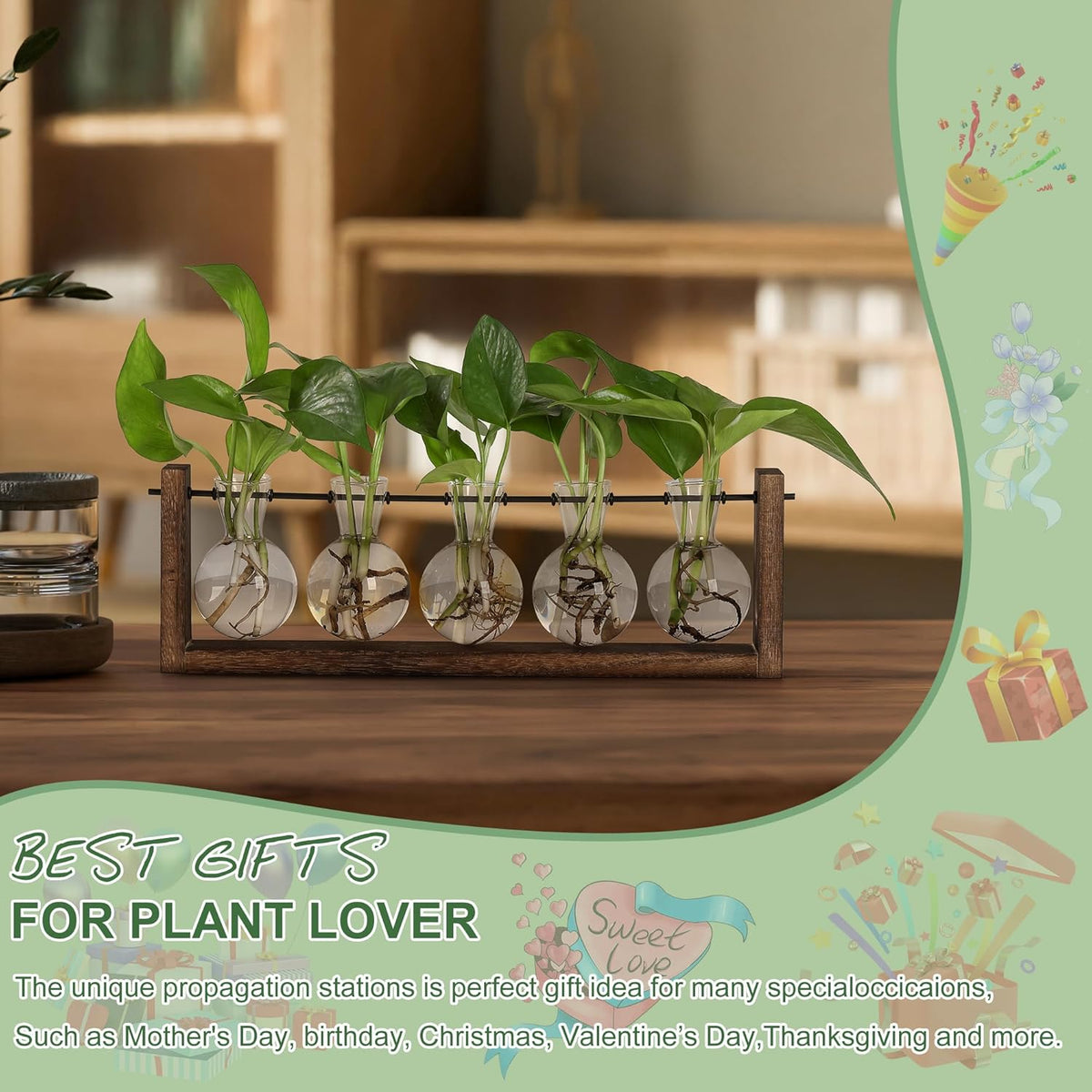 YIBOT Plants Propagation Stations,Plant Terrarium with Wooden Stand,Wall Hanging Glass Planter