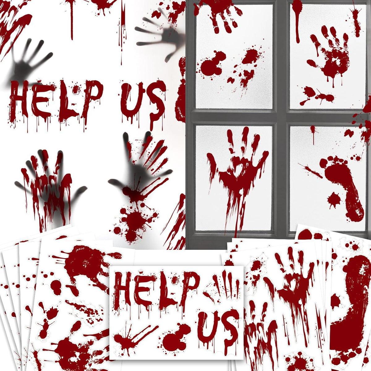 Halloween Window-Clings-Decorations Bloody-Handprint-Footprint Stickers, Scary Halloween Party