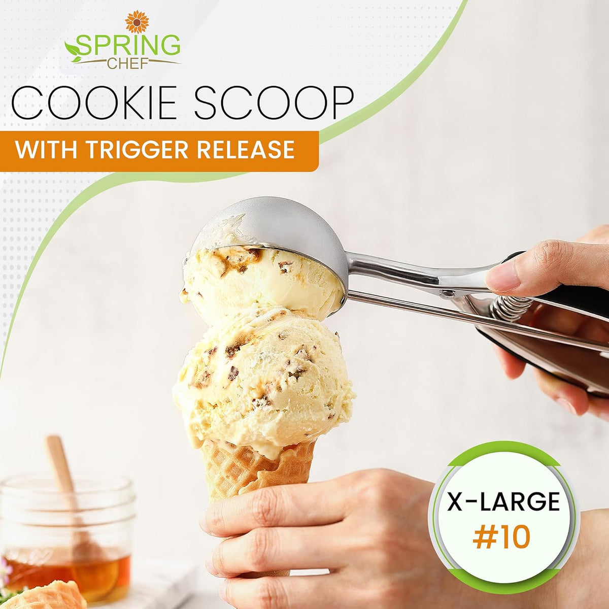 Spring Chef Extra Large Cookie Scoop, 18/8 Stainless Steel Melon Baller Scoop, Spring Loaded