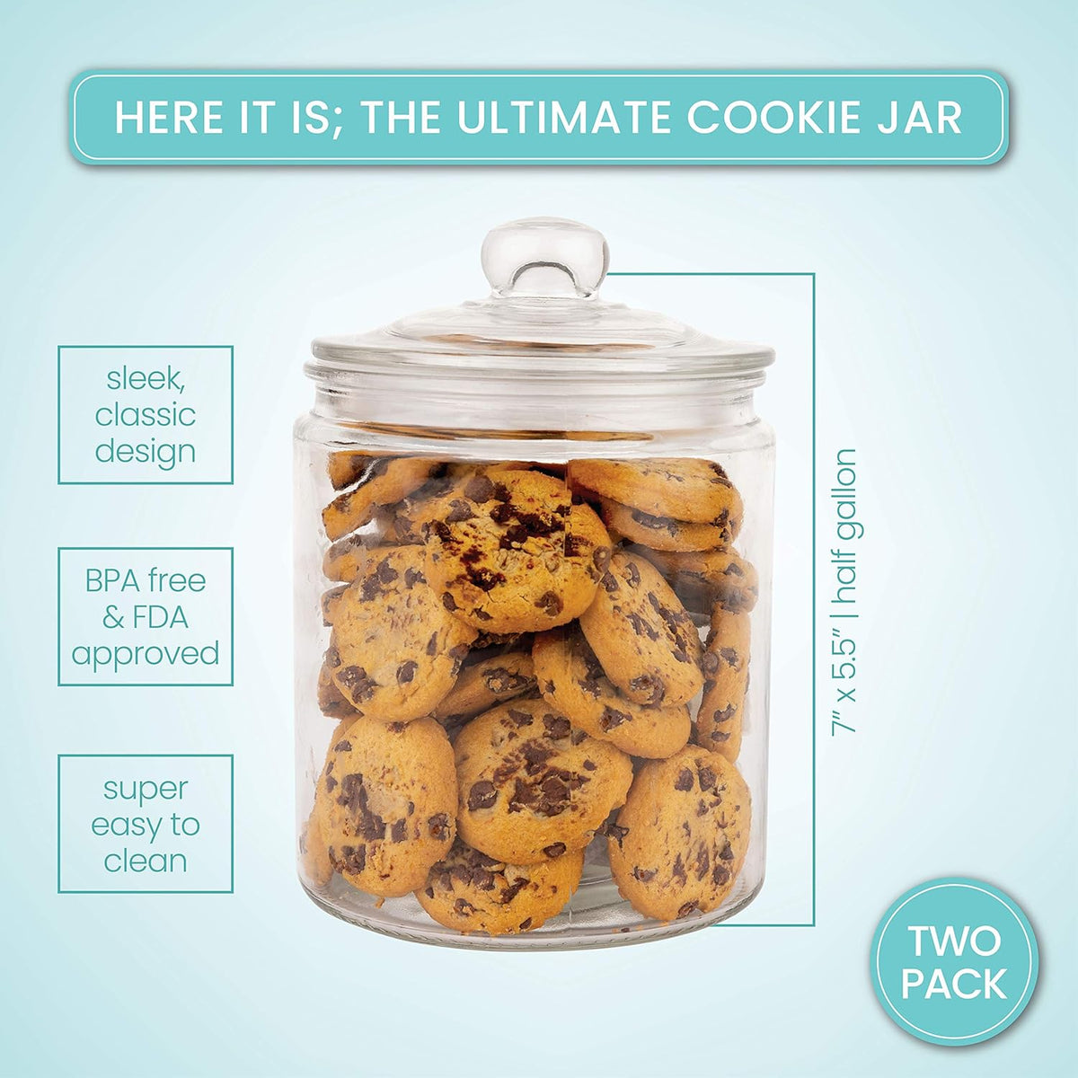 Set of 2 Glass Jar with Lid (2 Liter) | Airtight Glass Storage Cookie Jar for Flour, Pasta, Candy