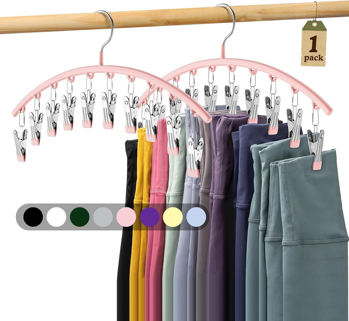 Metal Yoga Pants Hangers 1 Pack w/10 Clips Holds 10 Leggings, Space Saving Hanging Closet Organizer
