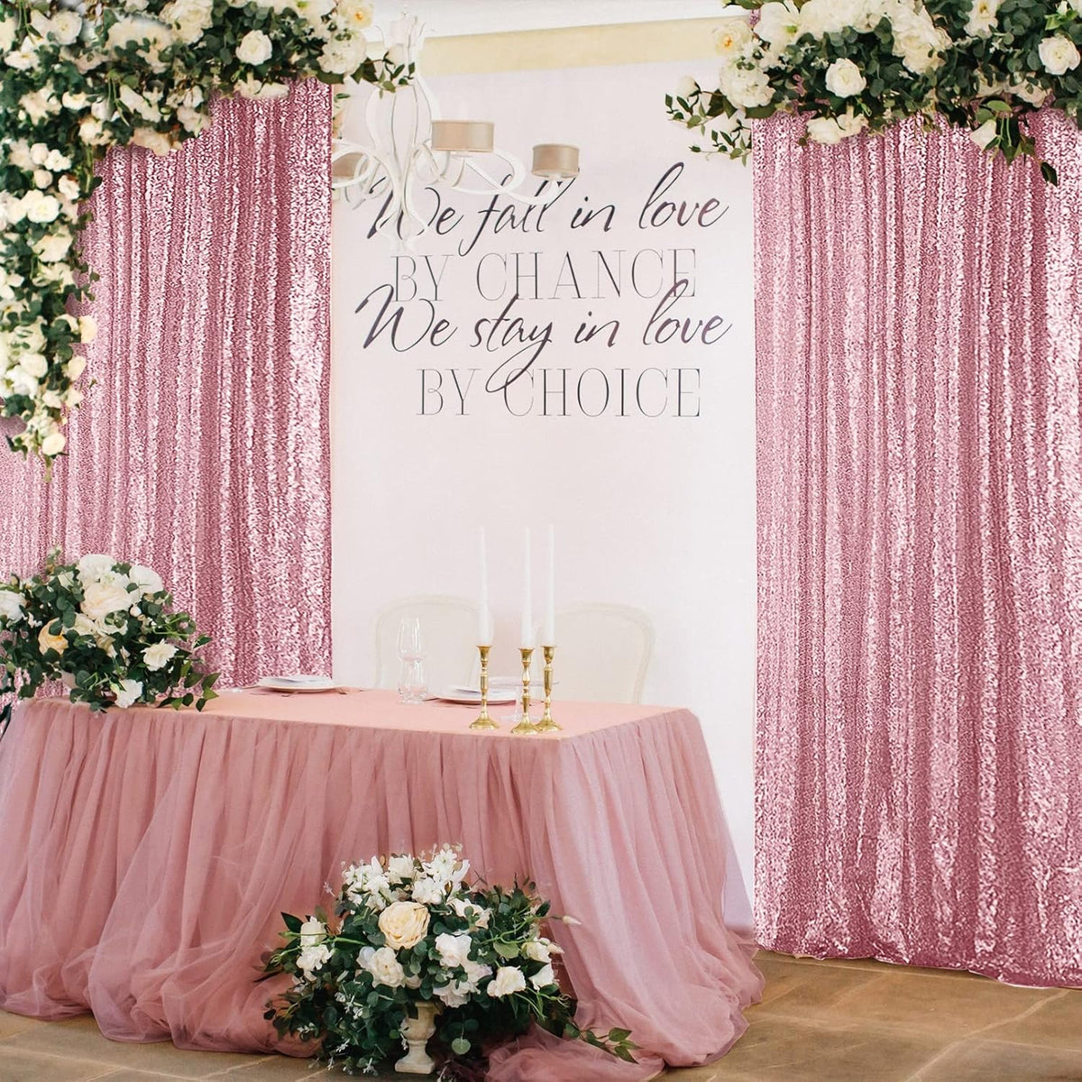 Hahuho Rose Pink Sequin Backdrop Curtain, 4PCS 2FTx8FT Glitter Backdrop Curtain for Parties