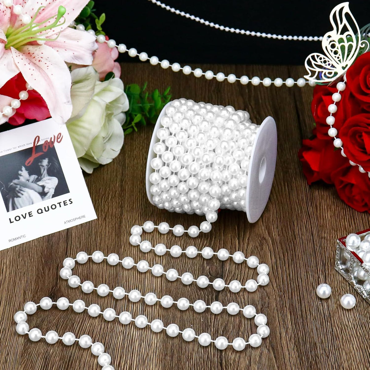 16 Feet 10mm Pearl Strings Garland for Crafts, Artificial Pearl Beaded Trim Chain Roll Strands for