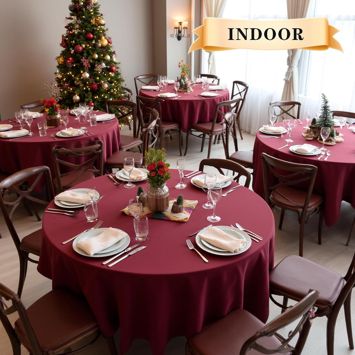 sancua 6 Pack Round Tablecloth 90 Inch Burgundy, Stain and Wrinkle Resistant Table Cloth - Washable