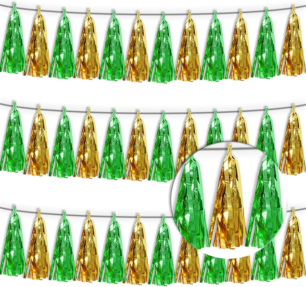 3P Sage-Green Gold Metallic Fringe Tassel Banner Garland Foil Tinsel Streamer Wall Hanging Curtain