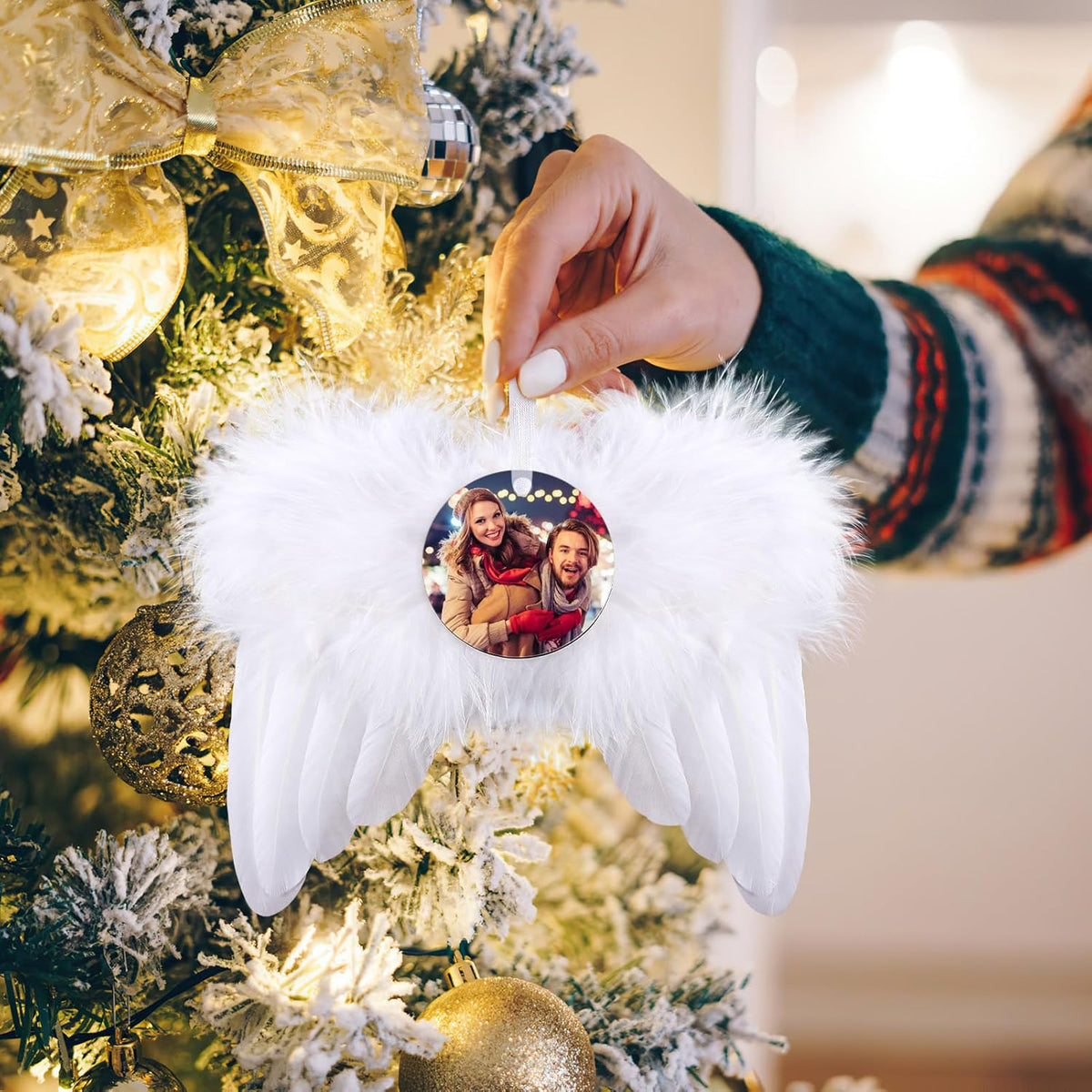 Personalized Photo Christmas Ornaments - Custom Christmas White Angel Wings Ornament Hanging