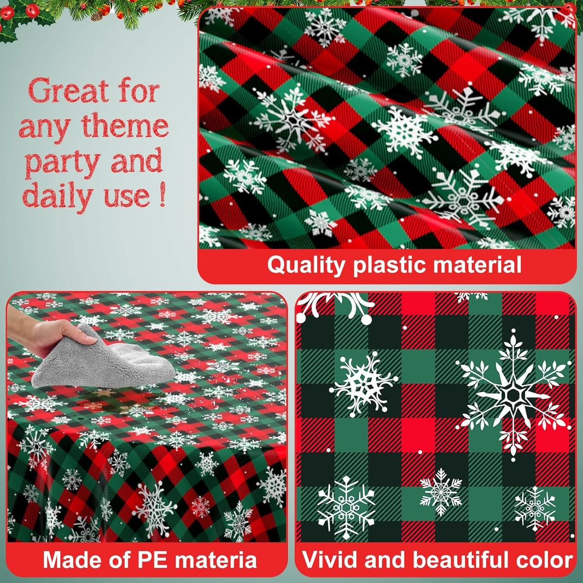12Pcs Christmas Buffalo Plaid Snowflake Party Tablecloths Decorations,Plastic Red and Green