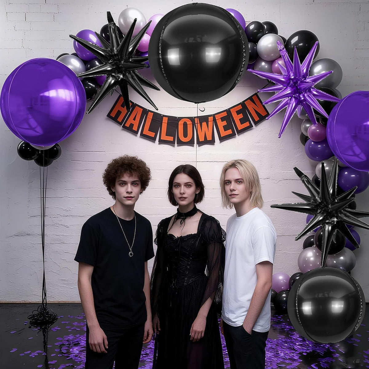6Pcs Black Purple Foil Balloons,22Inch Purple Black 4D Round Ball Balloon and Explosion Star