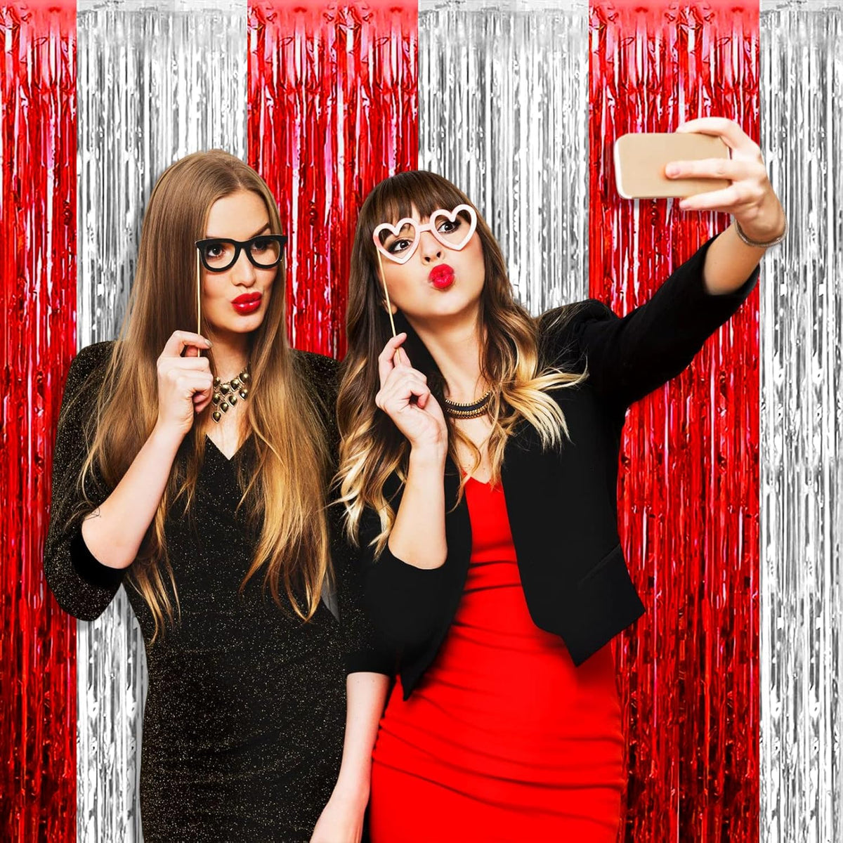 4 Pack Silver Red Foil Fringe Curtain Backdrop, 3.28Ft x 8.2Ft Metallic Tinsel Foil Fringe