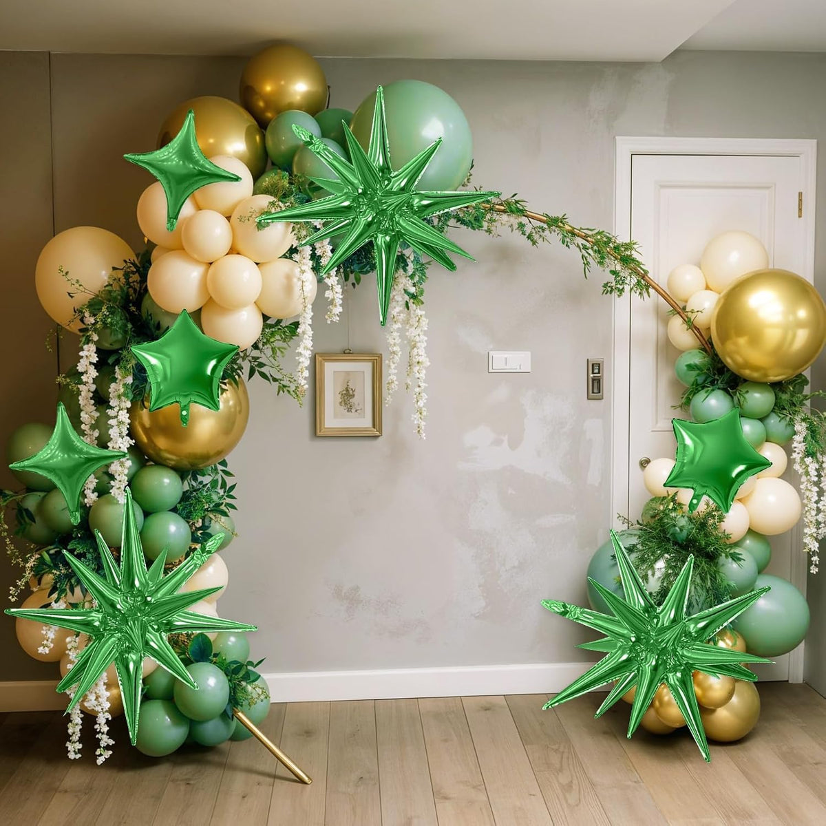 Green Star Balloon,16Pcs Star Foil Balloons Set with 22Inch Explosion Spike Cone Balloons and