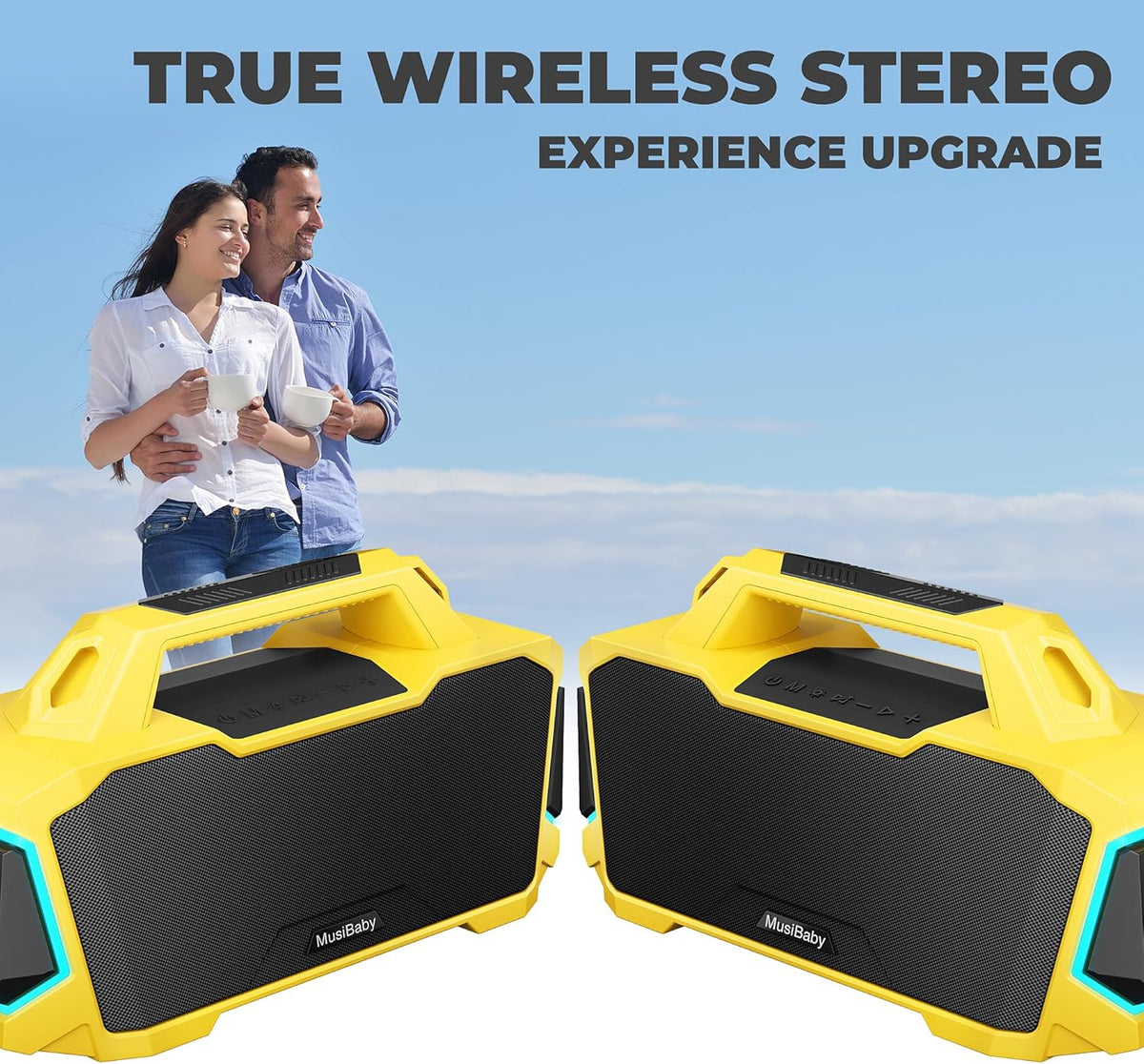 MusiBaby M1 Portable Bluetooth Speaker Yellow, Loud Stereo Sound Subwoofer Deep Bass, IPX6