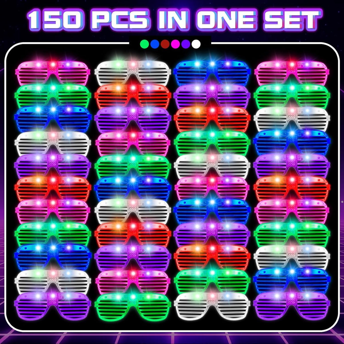 150 Pack 6 Neon Color Halloween Party Favors, Glow in The Dark Glasses for Kid Adult, LED Light Up