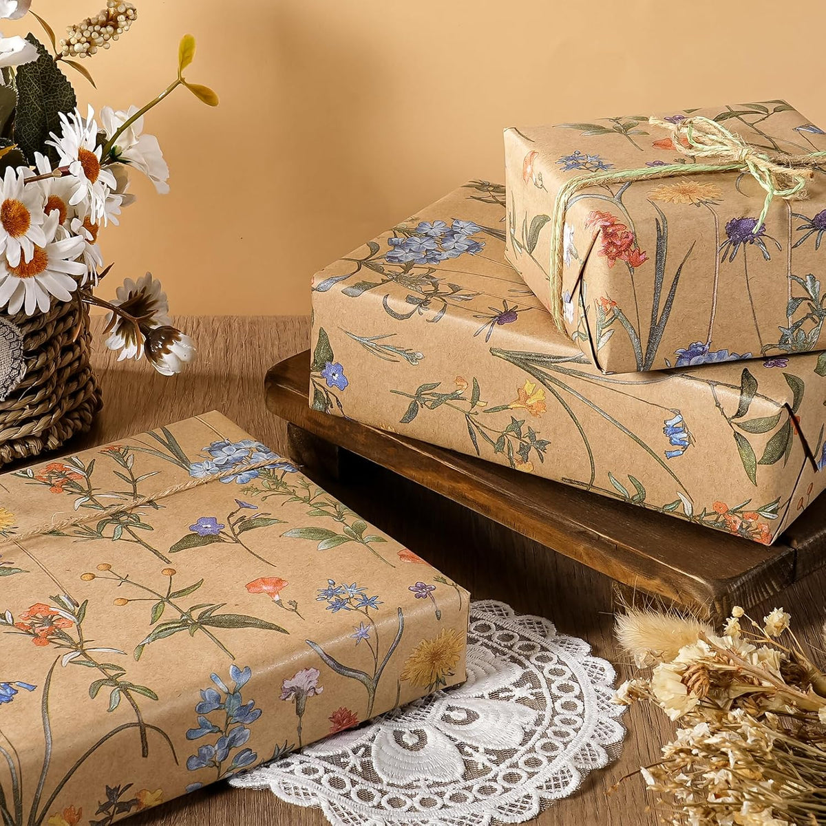 WRAPAHOLIC Kraft Floral Wrapping Paper Roll - Mini Roll - 17 Inch x 9.8 Feet - Wildflower Wrapping