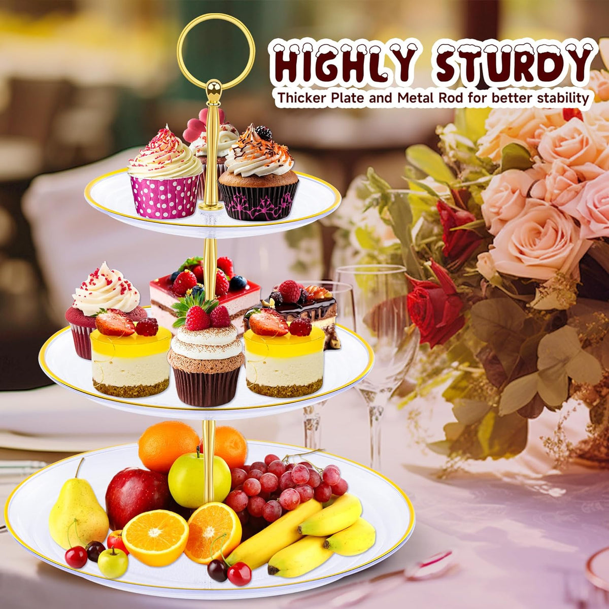 PinCute Cupcake Stand Holder - 3 Tier Cup Cake Dessert Stands, Plastic Tiered Serving Tray&Metal