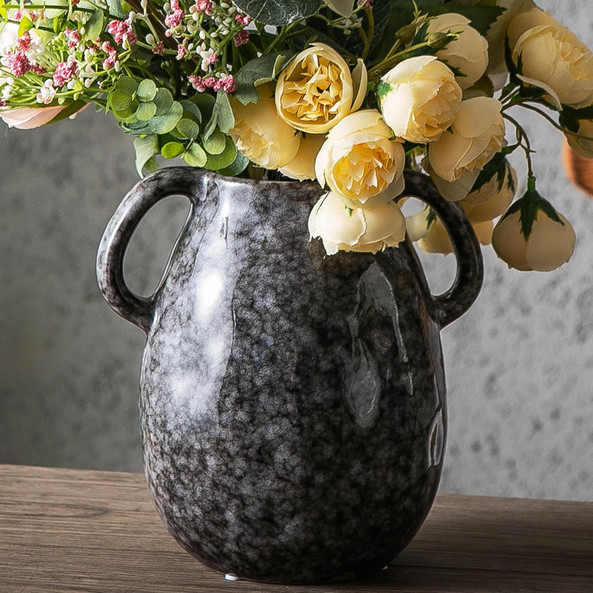 Ceramic Modern Farmhouse Vase with 2 Handles, Black Ceramic Vases for Home Decor, Rustic Pottery