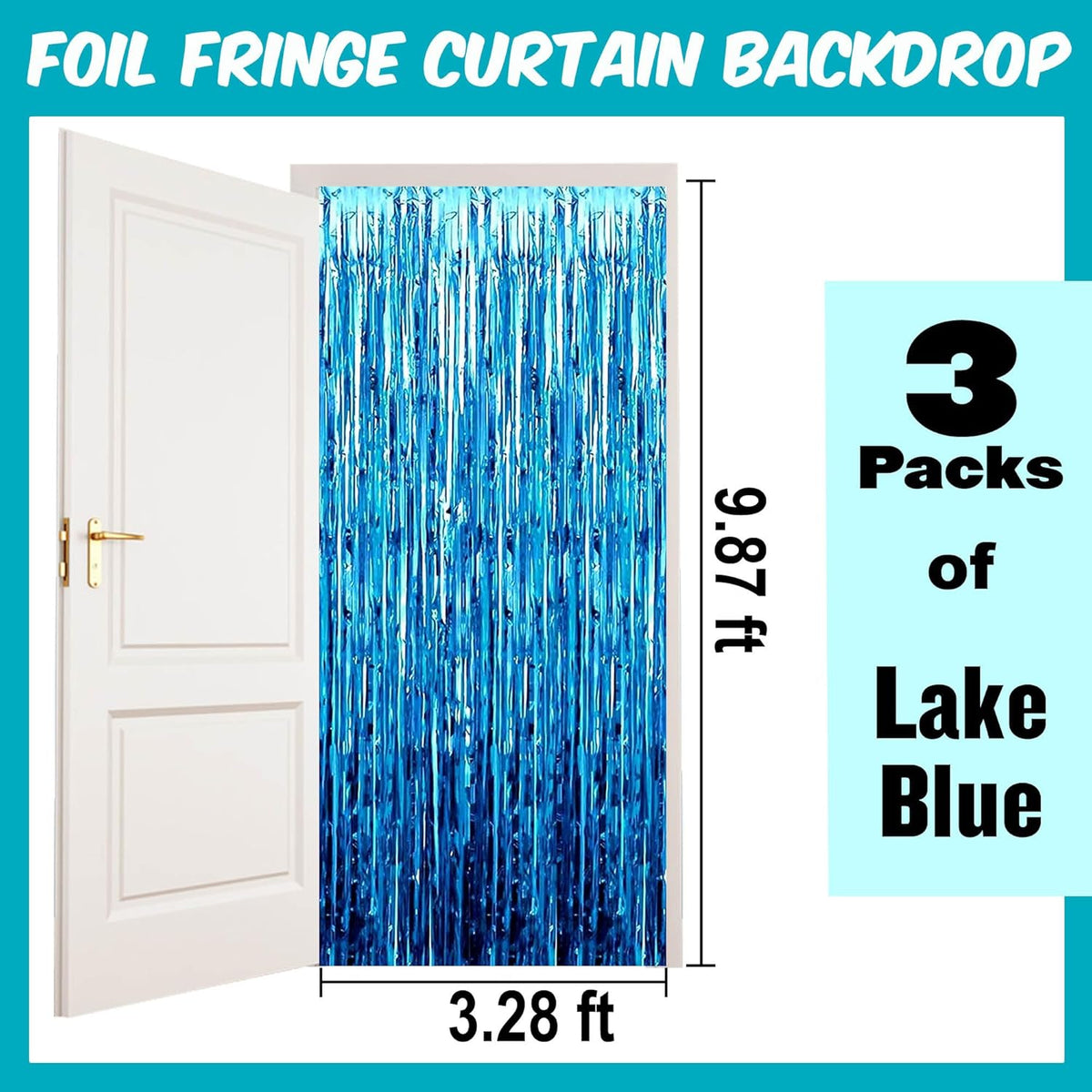 3 Pack Lake Blue Foil Fringe Curtains Backdrop, 3.28 x 9.8 Ft Metallic Streamers Tinsel Curtains