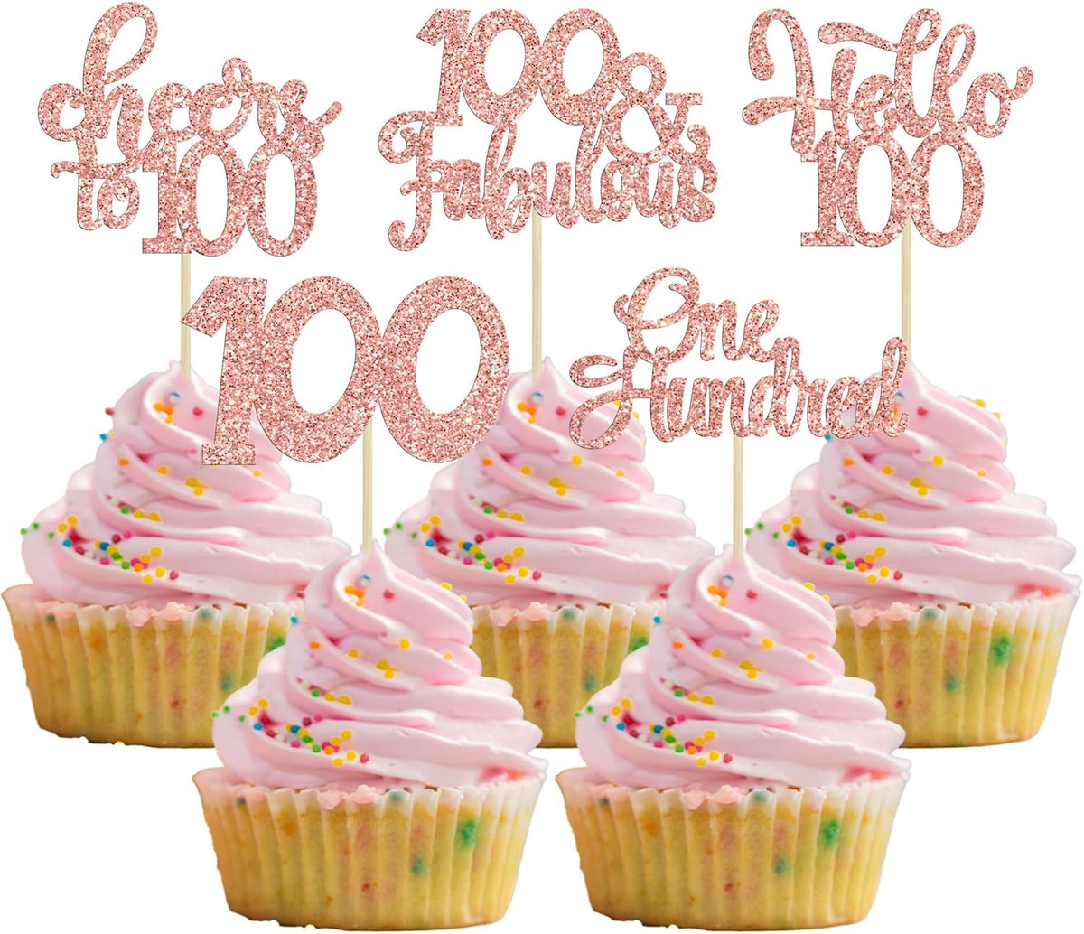 30pcs Happy 100th Birthday Cupcake Toppers - Rose Gold Glitter One Hundred Cheers to 100 Years Old