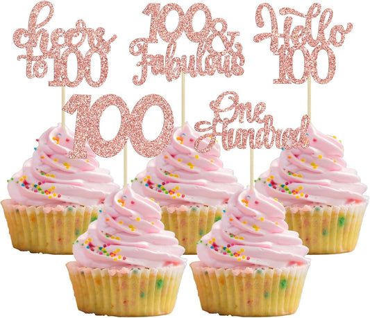 30pcs Happy 100th Birthday Cupcake Toppers - Rose Gold Glitter One Hundred Cheers to 100 Years Old