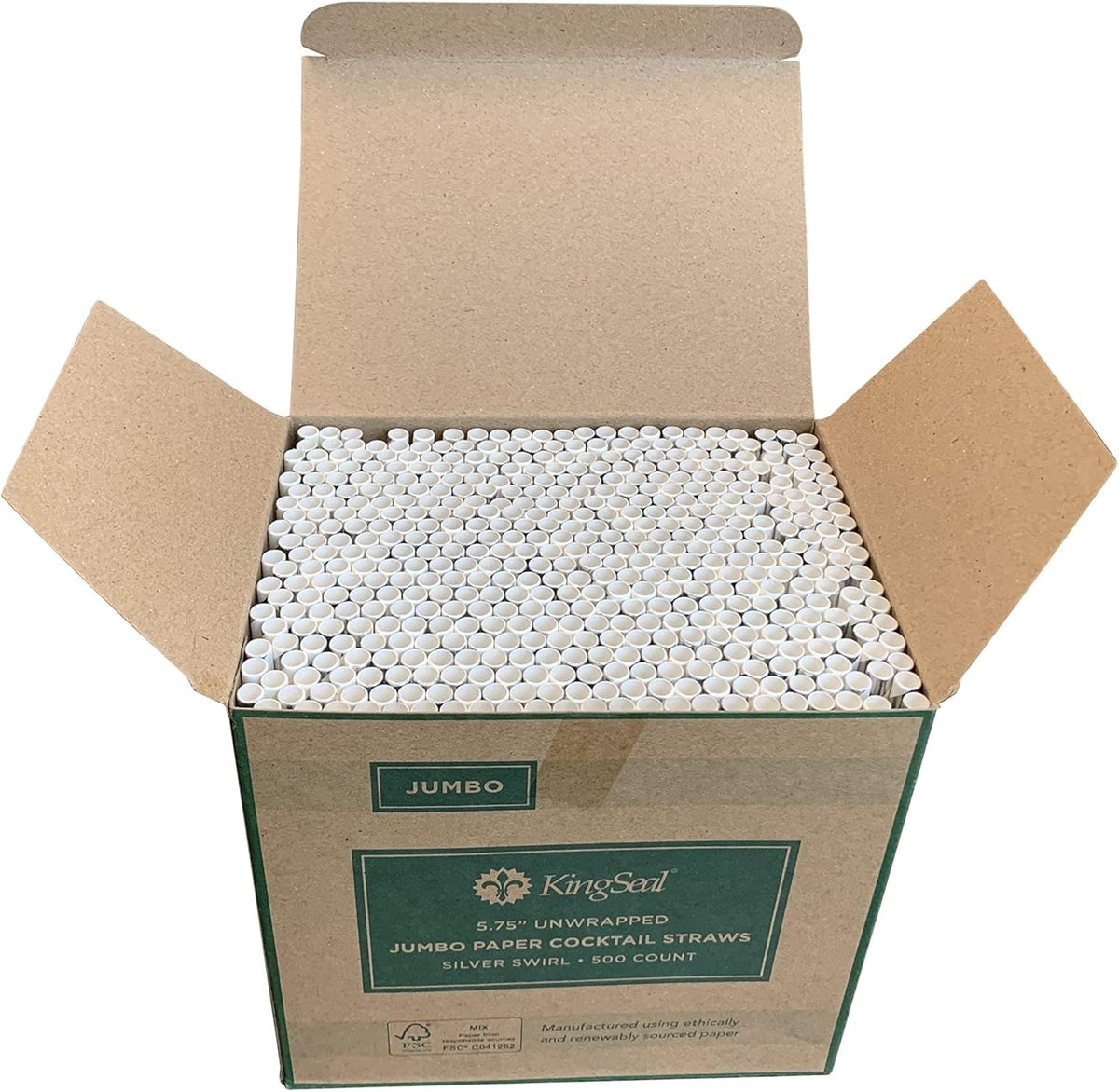 500 Count | Kingseal FSC Certified Paper Cocktail Straws, Unwrapped, 6mm x 5.75 Inches, Silver